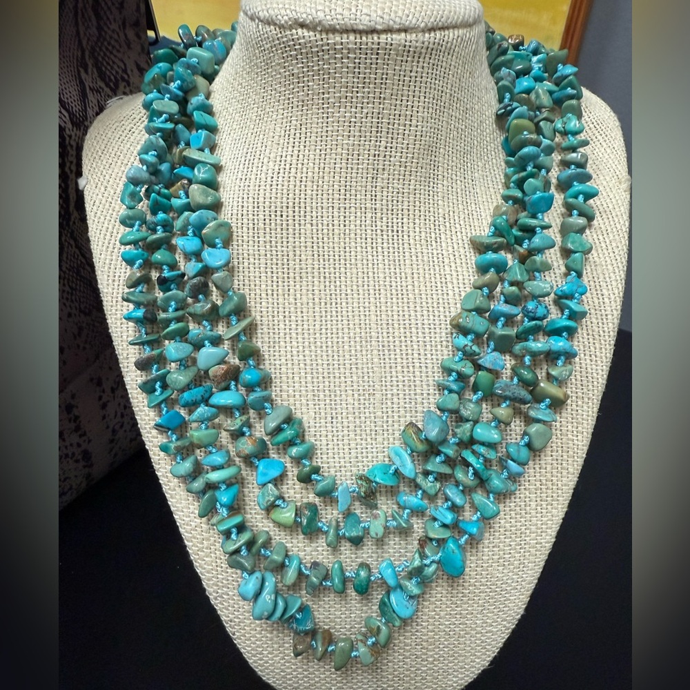 SX 925 Sterling Silver Necklace Turquoise Nugget Hand‎ Knotted Toggle Clasp 82”L